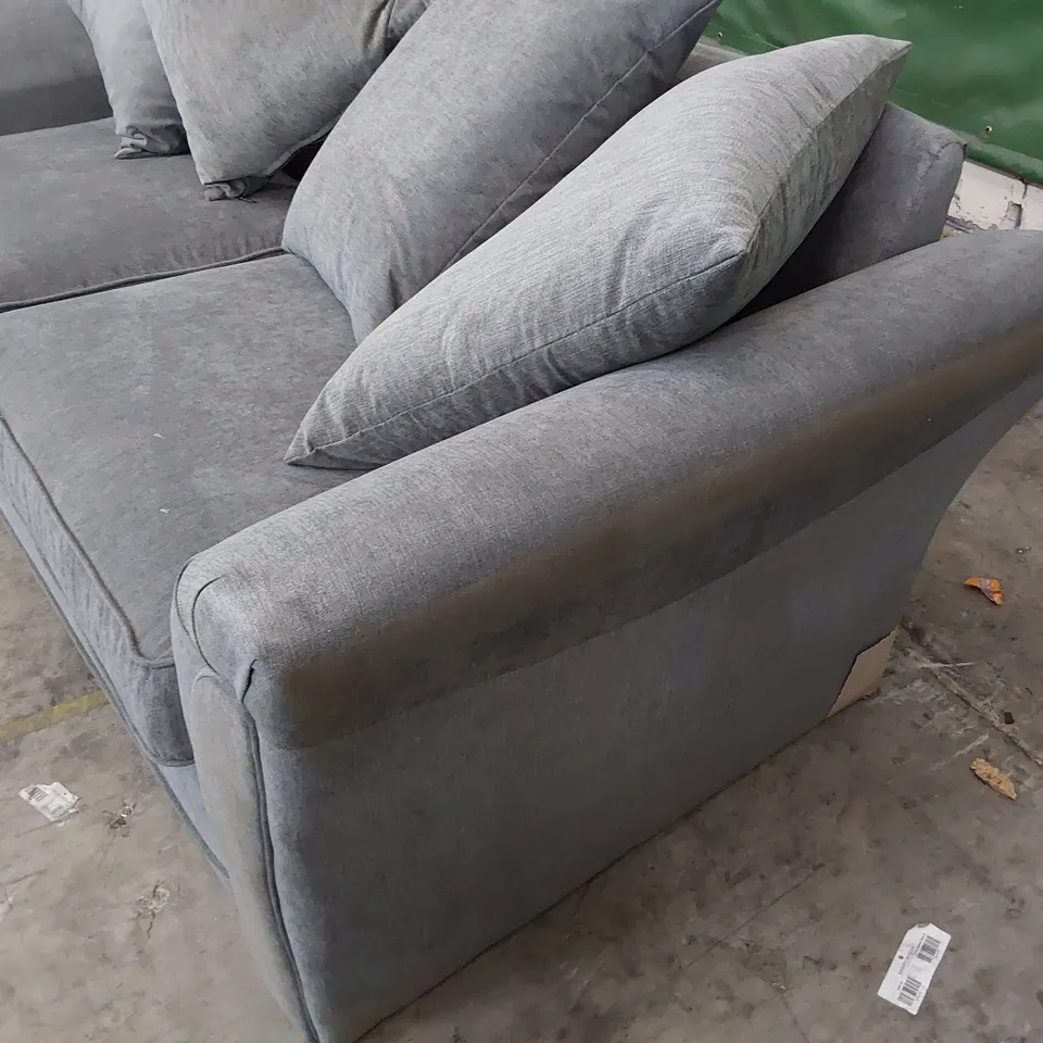 DESIGNER THREE SEATER SOFA GREY FABRIC WITH SCATTER CUSHIONS 