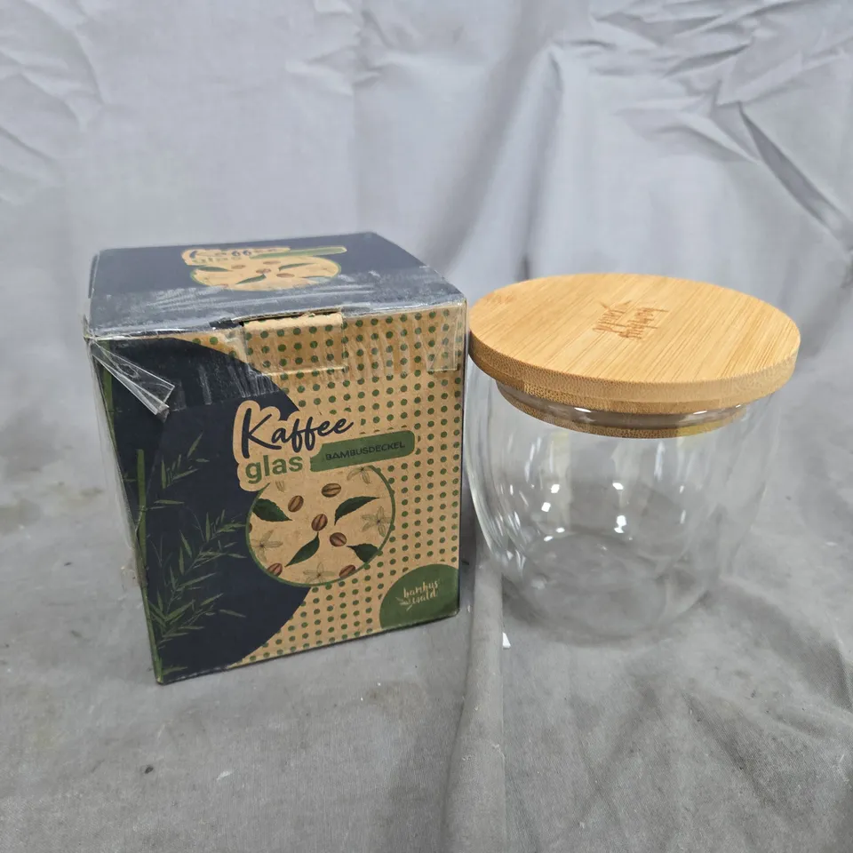 BOXED COFFEE GLASS WITH LID 240 ML HANDMADE BOROSILICATE GLASS BAMBOO 