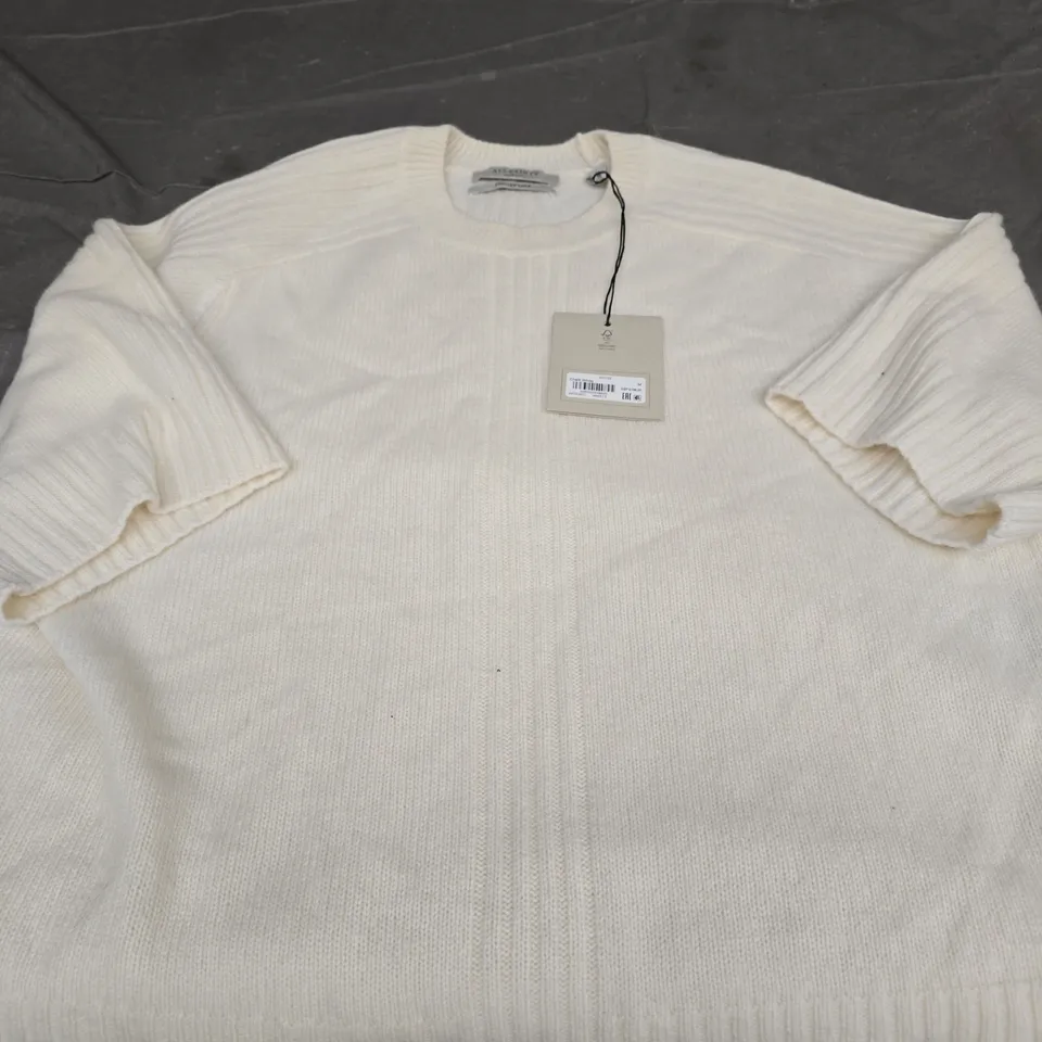 ALLSAINTS CREAM KNIT JUMPER – RIBBED DETAILING; FRAYED HEM SIZE M