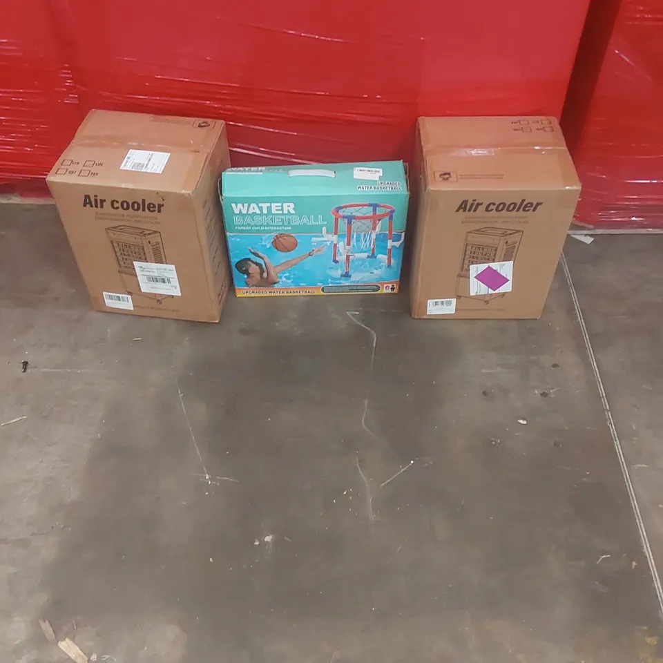 PALLET OF ASSORTED PRODUCTS AND ITEMS TO INCLUDE:AIR COOLERS,WATER BASKETBALL MORE.