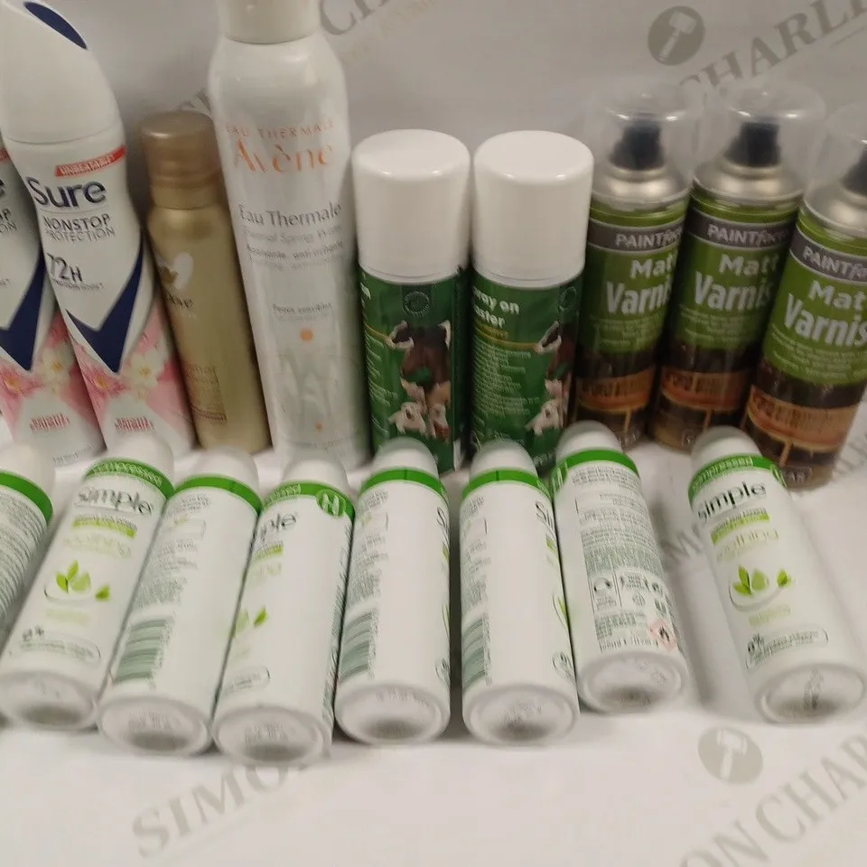 BOX OF APPROXIMATELY 20 ASSORTED AEROSOL PRODUCTS TO INCLUDE SURE ANTI-PERSPIRANT, MATT VARNISH, SPRAY ON PLASTER ETC - COLLECTION ONLY 