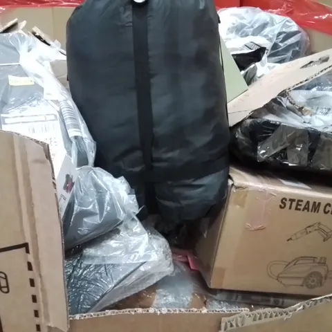 PALLET OF ASSORTED HOUSEHOLD GOODS AND PRODUCTS TO INCLUDE;STEAM CLEANER,INFLATABLE BED,SLEEPING BAG