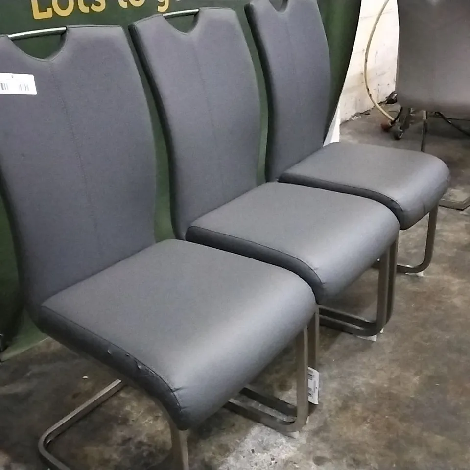 DESIGNER SET OF 3 CHARCOAL GREY FAUX LEATHER DINING CHAIRS WITH CHROME LEGS