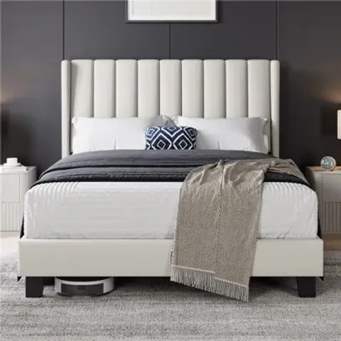 BOXED UPHOLSTERED BED FRAME WITH CHANNEL TUFTED HEADBOARD - 150CM KING SIZE, BEIGE (2 BOXES)