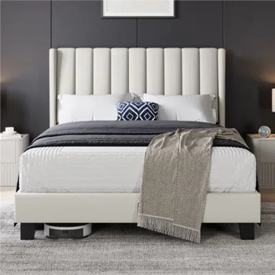 BOXED UPHOLSTERED BED FRAME WITH CHANNEL TUFTED HEADBOARD - 150CM KING SIZE, BEIGE (2 BOXES)
