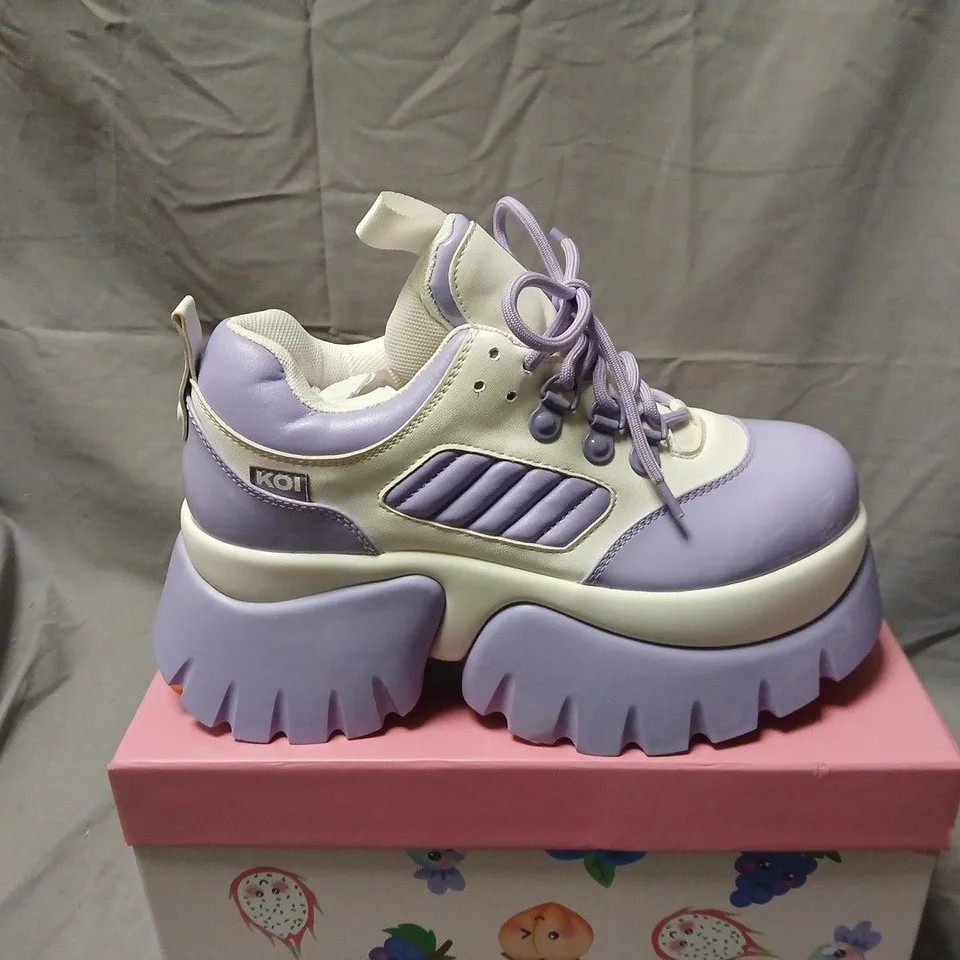 BOXED PAIR OF KOI FRUITTI TUTTI GRAPE JELLY TRAINERS IN PURPLE/WHITE SIZE UK 6