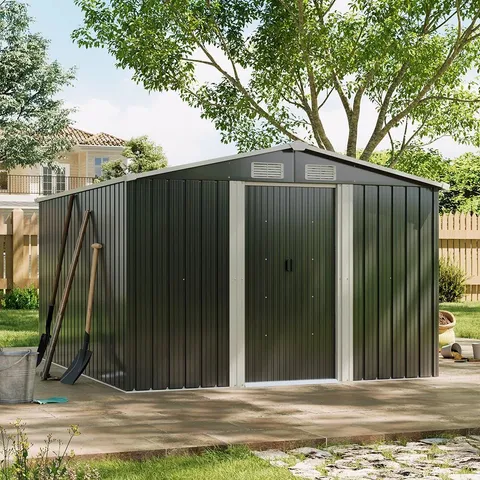 BOXED AJAY 8FT. W X 10FT. D METAL APEX TOOL SHED (4 BOXES)