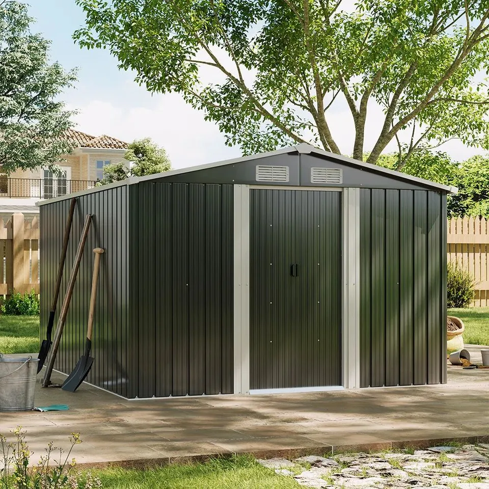 BOXED AJAY 8FT. W X 10FT. D METAL APEX TOOL SHED (4 BOXES)