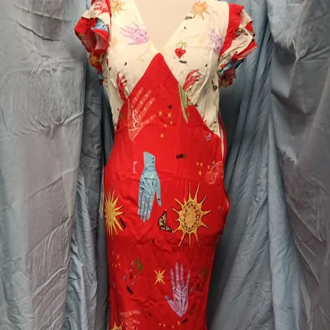 NEVER FULLY DRESSED RED CELESTIAL MIDI DRESS SIZE UK 10