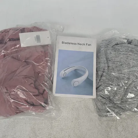 BOX OF APPROXIMATELY 10 ASSORTED HOUSEHOLD ITEMS TO INCLUDE CLOTHING IN VARIOUS SIZES AND STYLES, BLADELESS NECK FAN, ETC