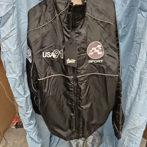 PULL&BEAR BLACK WINDBREAKER JACKET WITH USA 91 LOGO, UK SIZE S