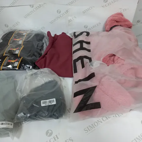 LARGE BOX OF ASSORTED CLOTHING ITEMS IN VARIOUS COLOURS AND SIZES INCLUDING TROUSERS , TOPS AND JUMPERS