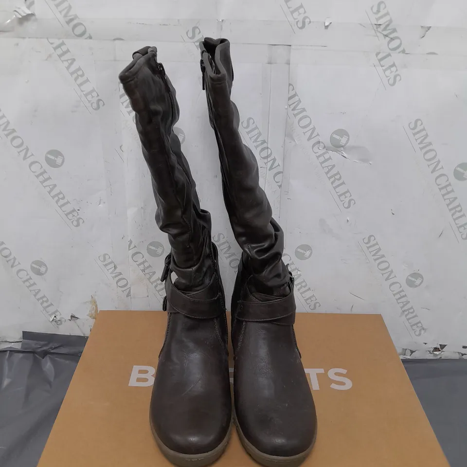 BOX OF APPROXIMATELY 8 PAIRS OF BARRATTS STRAP AND ROUCHE WEDGE BOOTS - SIZE 5