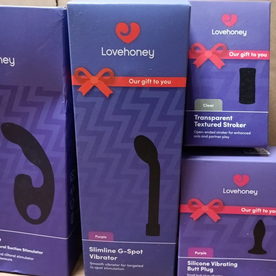 LOT OF 5 ASSORTED SEALED LOVEHONEY ADULT PLEASURE ITEMS TO INCLUDE SILICONE BUTT PLUG, G-SPOT VIBRATOR AND DUAL EMBRACE