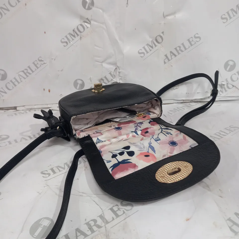 ASHWOOD REAL LEATHER CROSSBODY BAG BLACK WITH FLORAL INTERIOR