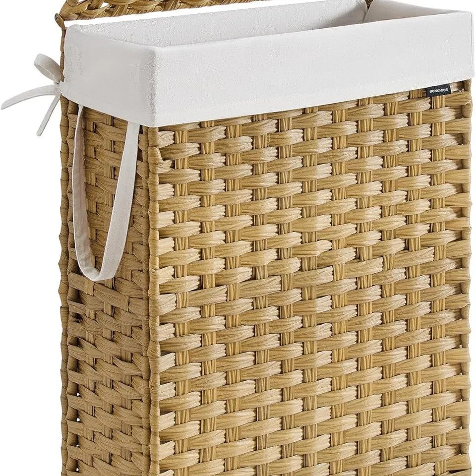 BOXED SONGMICS SLIM LAUNDRY BASKET, 55L SYNTHETIC RATTAN STORAGE BASKET WITH LID AND HANDLES