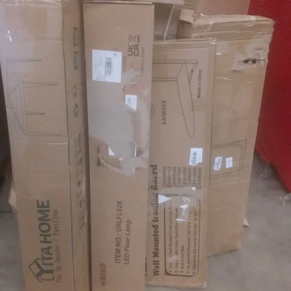 PALLET OF ASSORTED ITEMS INCLUDING POP UP GAZEBO, LED FLOOR LAMP, WALL MOUNTED IRONING BOARD, CLOTHES RACK
