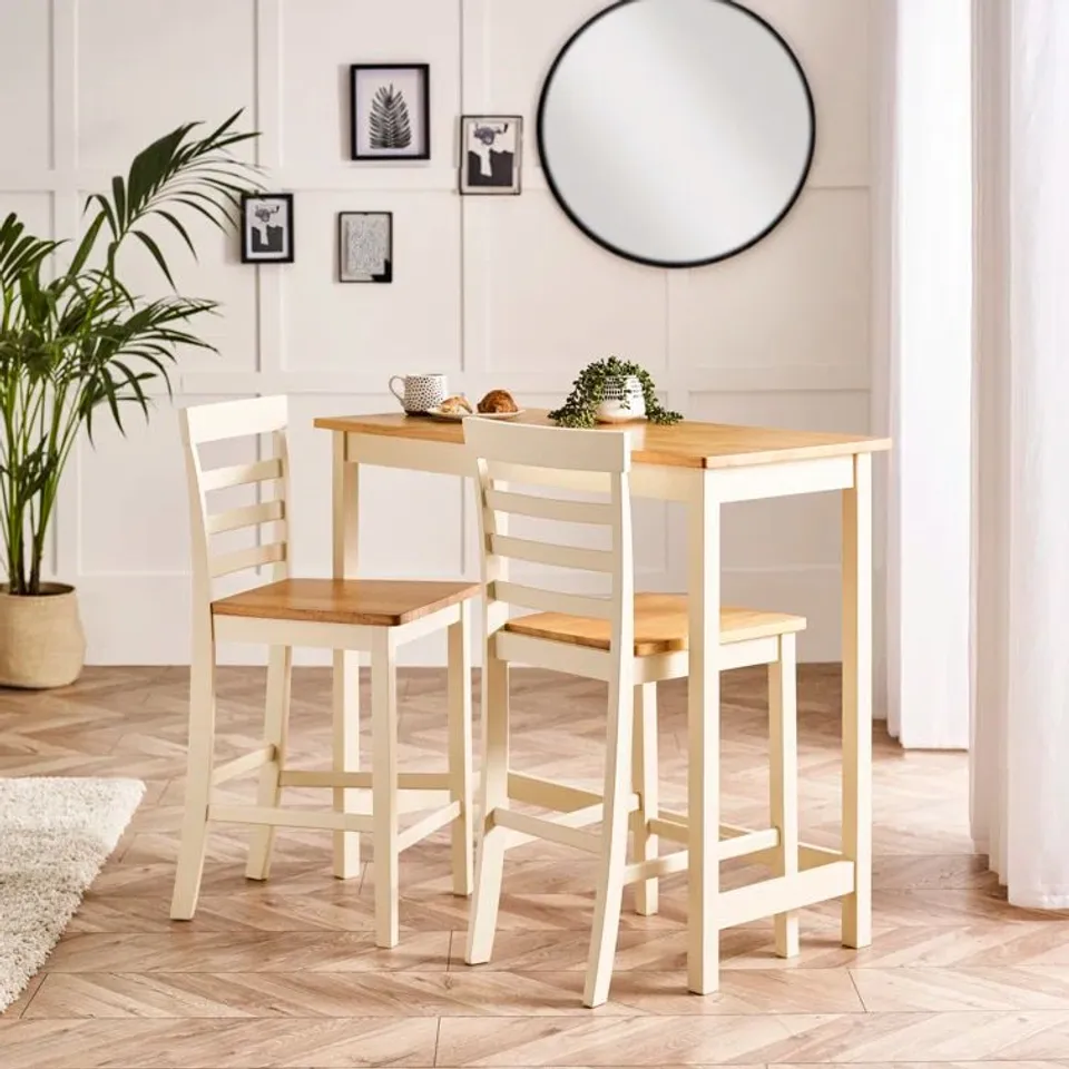 BOXED MONTAY SOLID WOOD FARMHOUSE KITCHEN BREAKFAST BAR TABLE SET WITH 2 MATCHING BAR STOOLS - OAK/CREAM (1 BOX)