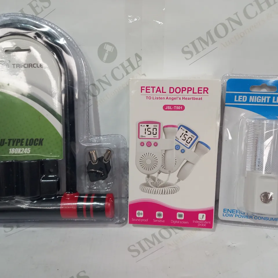 LOT OF APPROXIMATELY 10 ASSORTED HOUSEHOLD ITEMS TO INCLUDE LED NIGHT LIGHT, FETAL DOPPLER, TRI-CIRCLE U-TYPE LOCK, ETC
