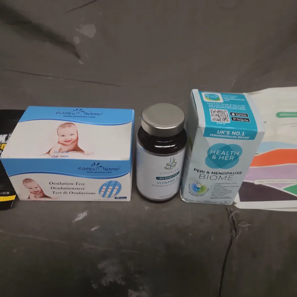 APPROX 10 ASSORTED ITEMS TO INCLUDE - OVULATION TEST KIT (EASY@HOME) WITH VITAMIN SUPPLEMENT BOTTLE AND PERI & MENOPAUSE BIOME PROBIOTIC – MEDICAL EQUIPMENT & SUPPLIES