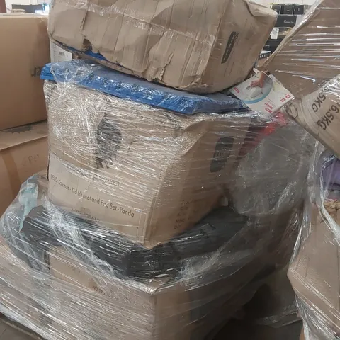 PALLET OF ASSORTED CONSUMER PRODUCTS/FURNITURE PARTS INCLUDING: BABY NEST, EXERCISE TILES, PLAYPEN ECT
