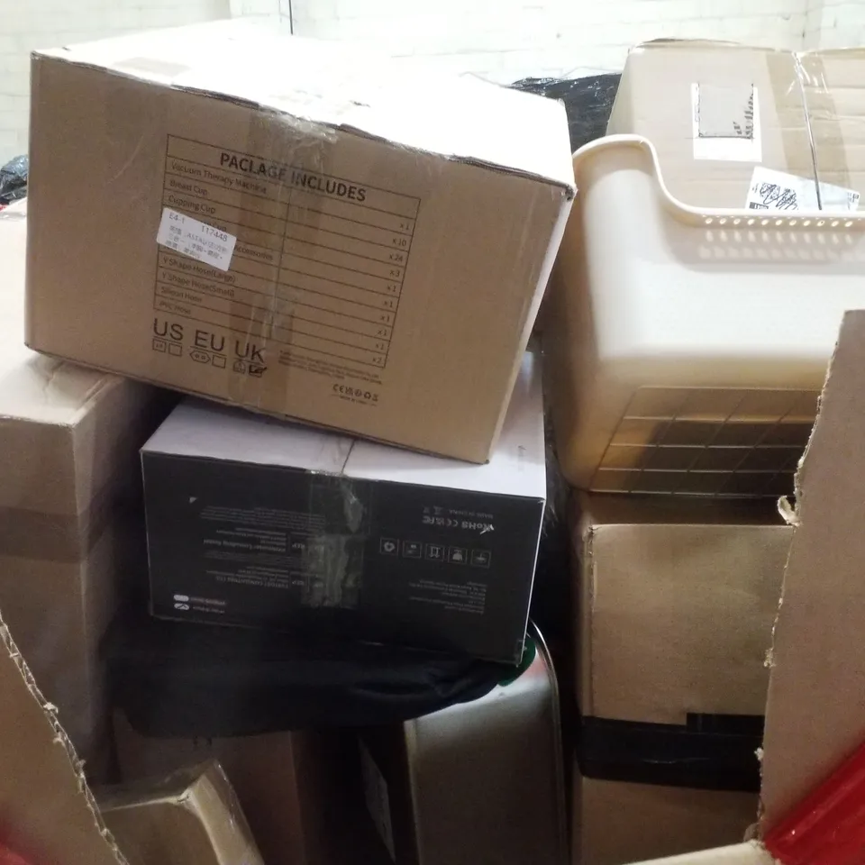 PALLET CONTAINING ASSORTED PRODUCTS INCLUDING AUDIO TURNTABLE, VACUUM THERAPY MACHINE KIT, EV CHARGER, FOOT SPA, WALL CLOCK & CAT LITTER BOX