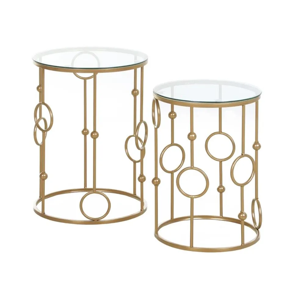 BOXED HOMCOM ROUND COFFEE TABLES SET OF 2, GOLD NESTING SIDE END TABLES WITH TEMPERED GLASS TOP (1 BOX)