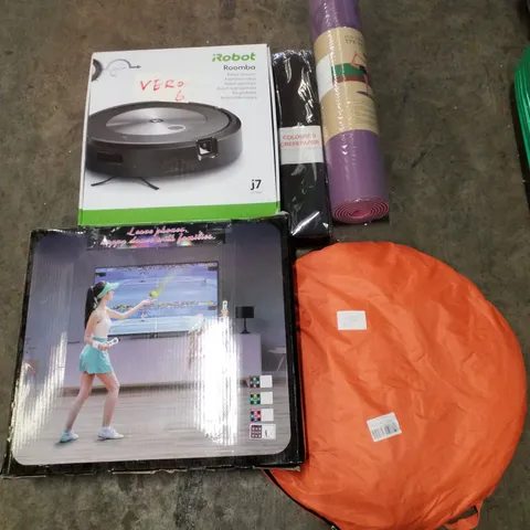 PALLET CONTAINING ASSORTED PRODUCTS TO INCLUDE YOGA MAT, POL UP TENT, COLOURED CREPEPAPER, ROBOT VACUUM, CAMERA DANCE MAT