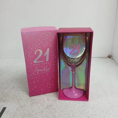 WINE GLASS WITH BIRTHDAY MOTIF – PINK SPARKLE GIFT BOX (21 AND READY TO SPARKLE!)