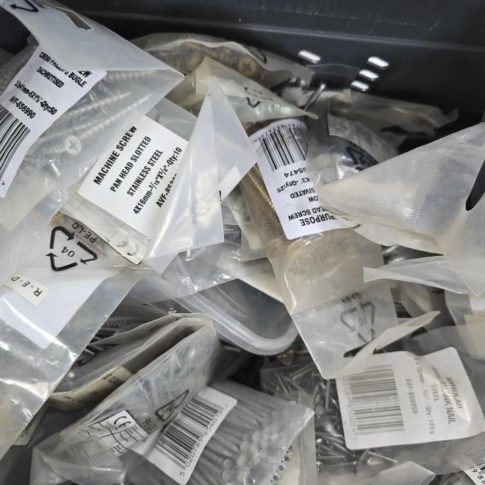 APPROXIMATELY 15 ASSORTED HOUSEHOLD ITEMS TO INCLUDE VARIOUS BAGS IF NAILS AND SCREWS, ETC