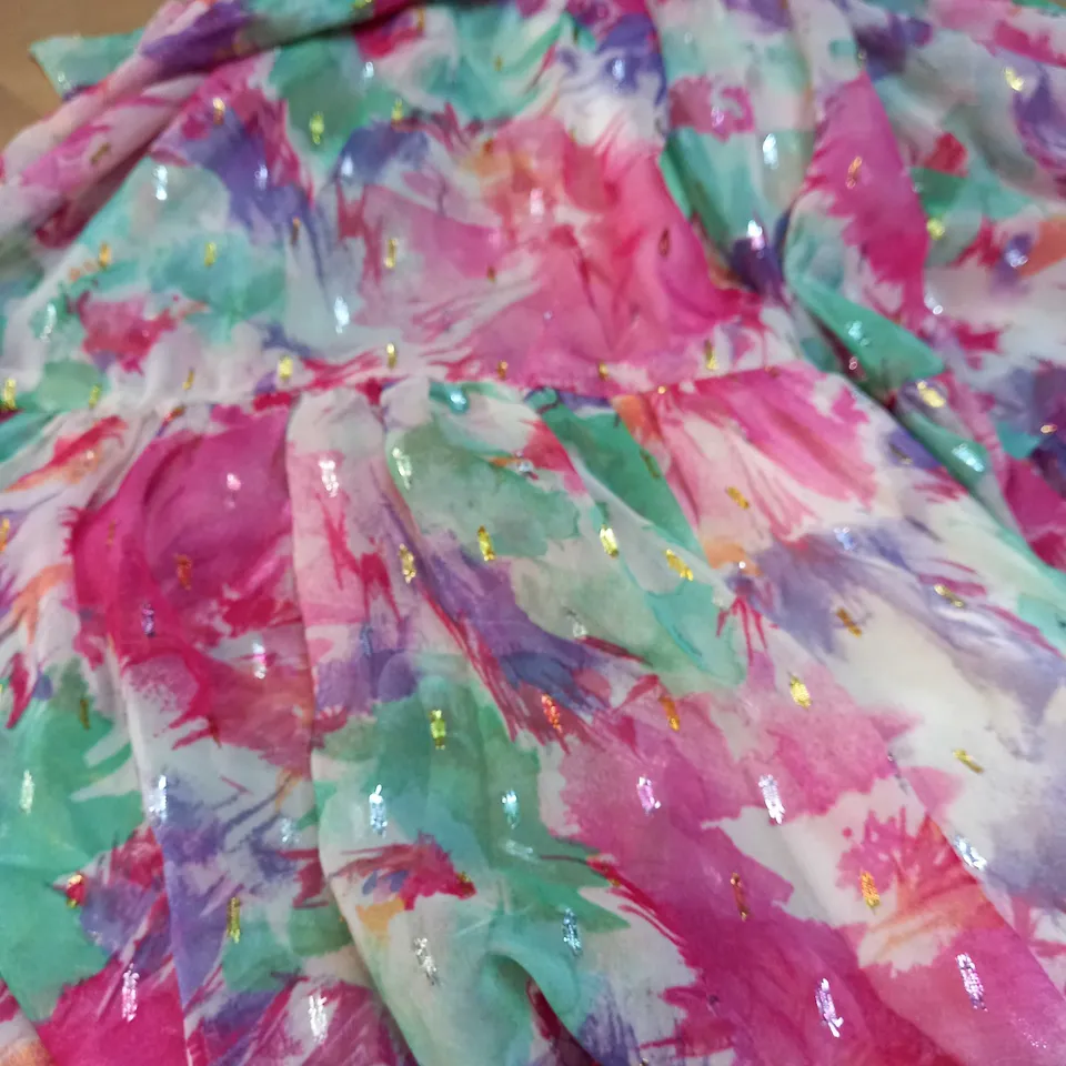 LOVE ROSE FLORAL PINK/GREEN FLORAL FLOWING TIERED DRESS - SIZE 6