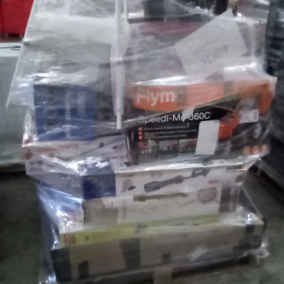 PALLET OF APPROXIMATELY 16 ASSORTED ELECTRICAL ITEMS TO INCLUDE LAWNMOWERS. TRIMMERS , PLUMGE SAWS , ETC  