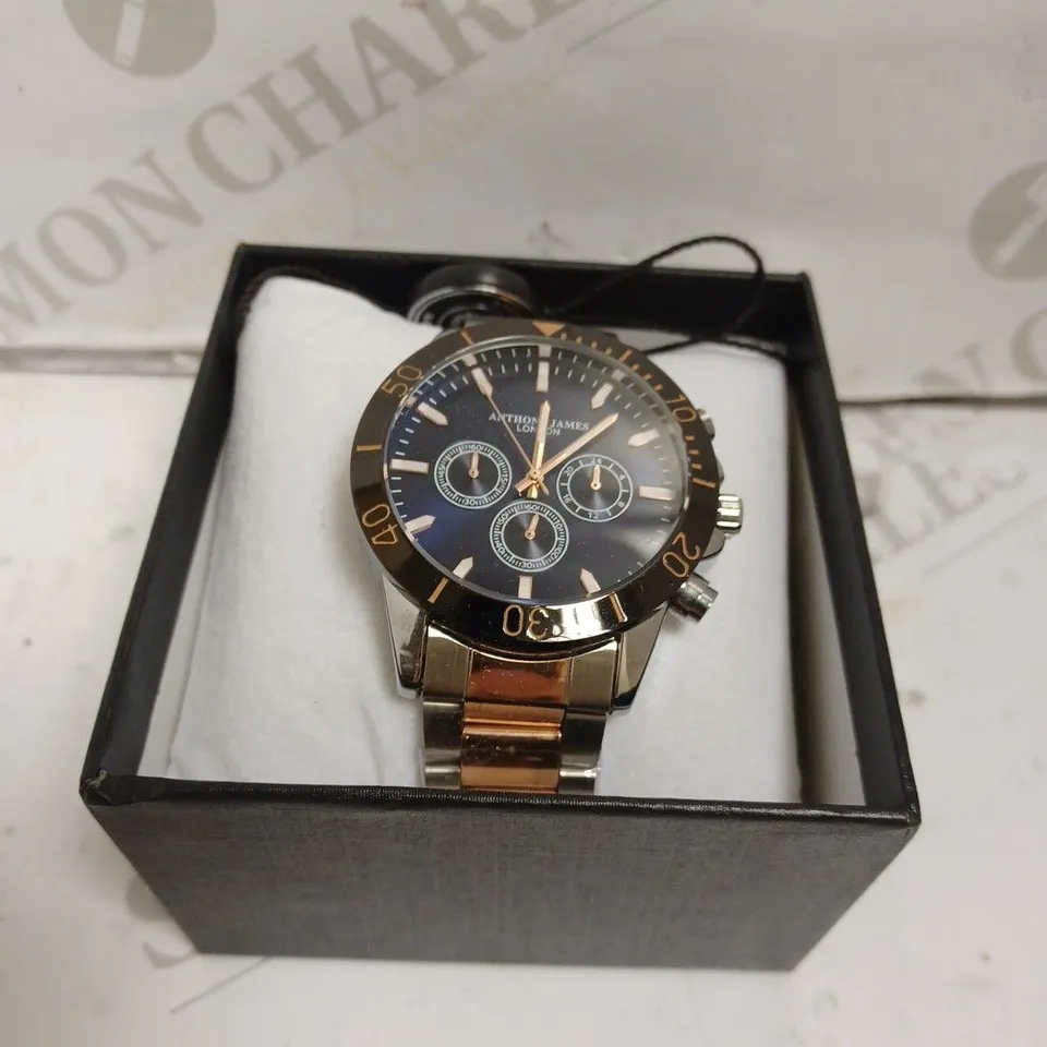 BOXED ANTHONY JAMES CHRONOMETRIC WATCH - TWO TONE STAINLESS STEEL - SUB DIAL - WATER RESISTANT 3 ATM. 