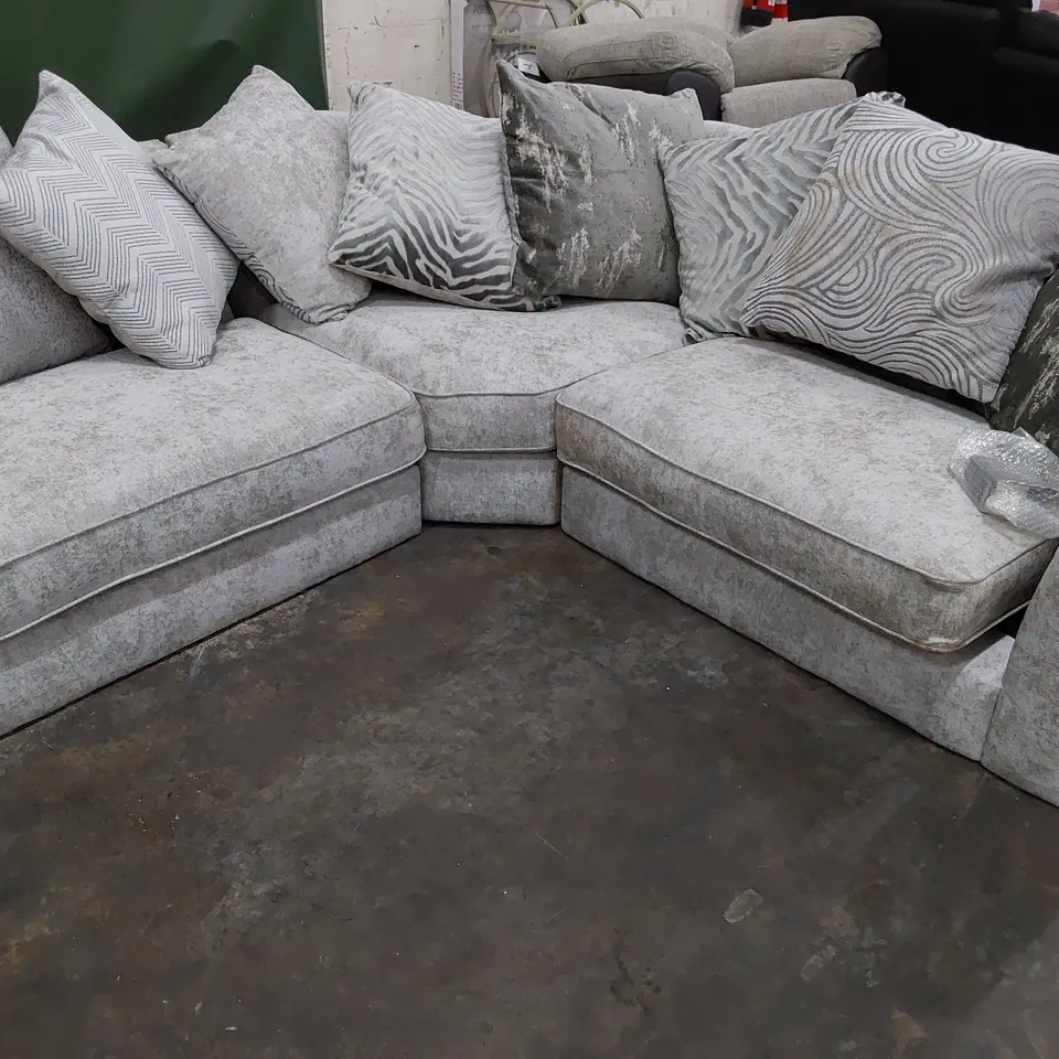 DESIGNER CORNER SUITE WITH SCATTER CUSHIONS SILVER FABRIC STUDDED DETAIL