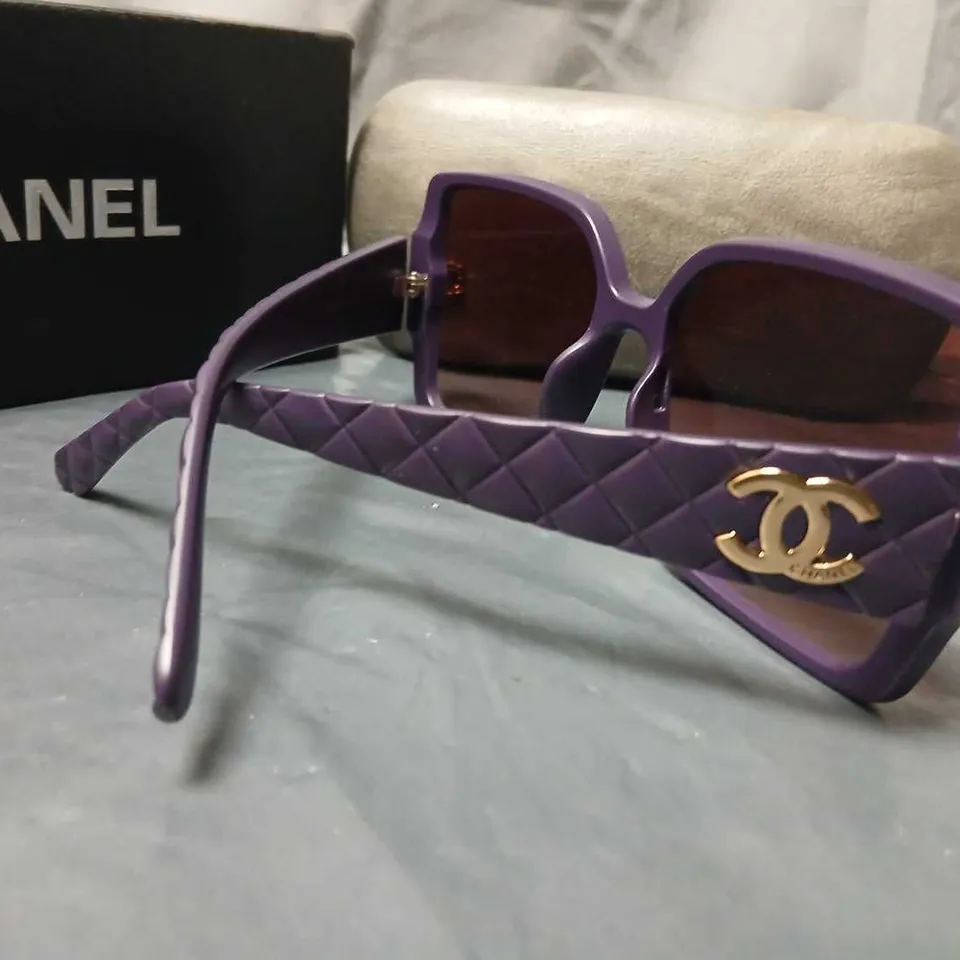 CHANEL PURPLE QUILTED SUNGLASSES WITH GOLD CC LOGO