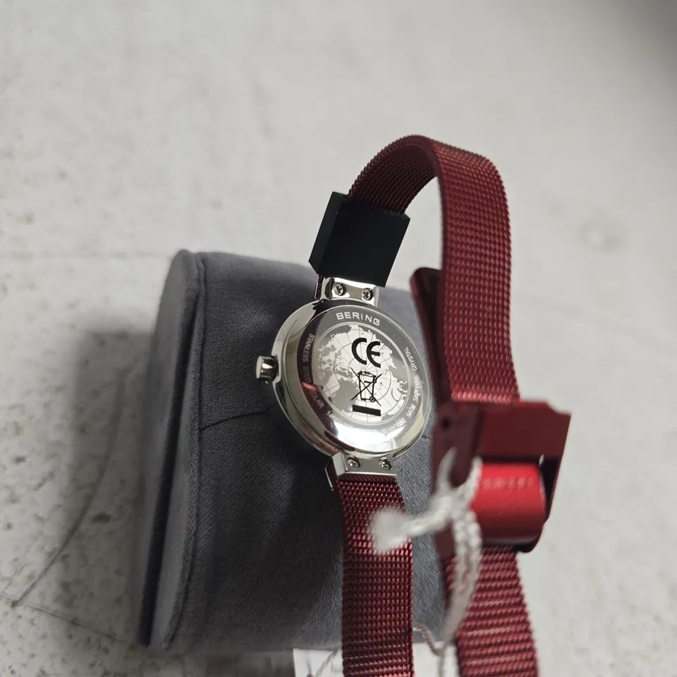BERING WATCH – RED DIAL, STAINLESS STEEL CASE, RED MESH BRACELET, BOXED