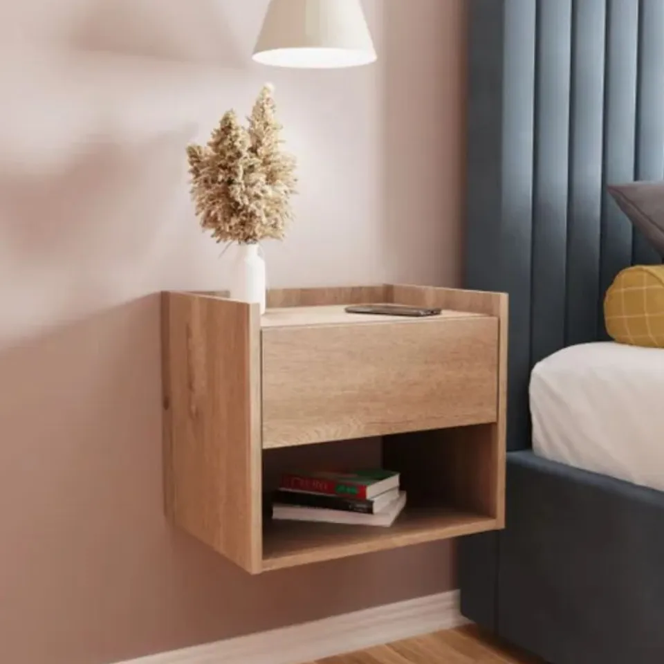 BRAND NEW BOXED PAIR OF HARMONY WALL MOUNTED BEDSIDE TABLES - OAK
