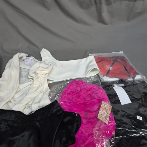 LARGE BOX OF ASSORTED CLOTHING ITEMS IN VARIOUS STYLES, SIZES AND COLOURS