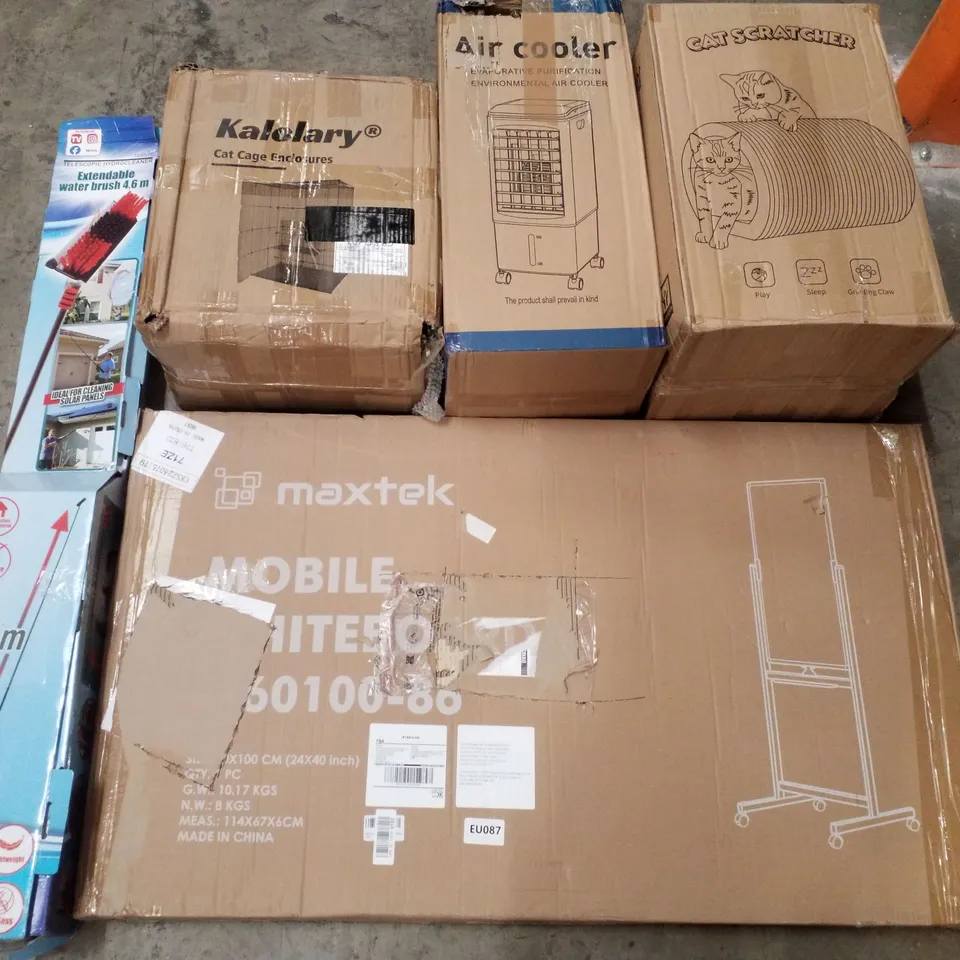 PALLET CONTAINING ASSORTED PRODUCTS INCLUDING CAT SCRATCHER, AIR COOLER, CAT CAGE ENCLOSURES, EXTENDABLE WATER BRUSH 4.6M & MOBILE WHITEBOARD 