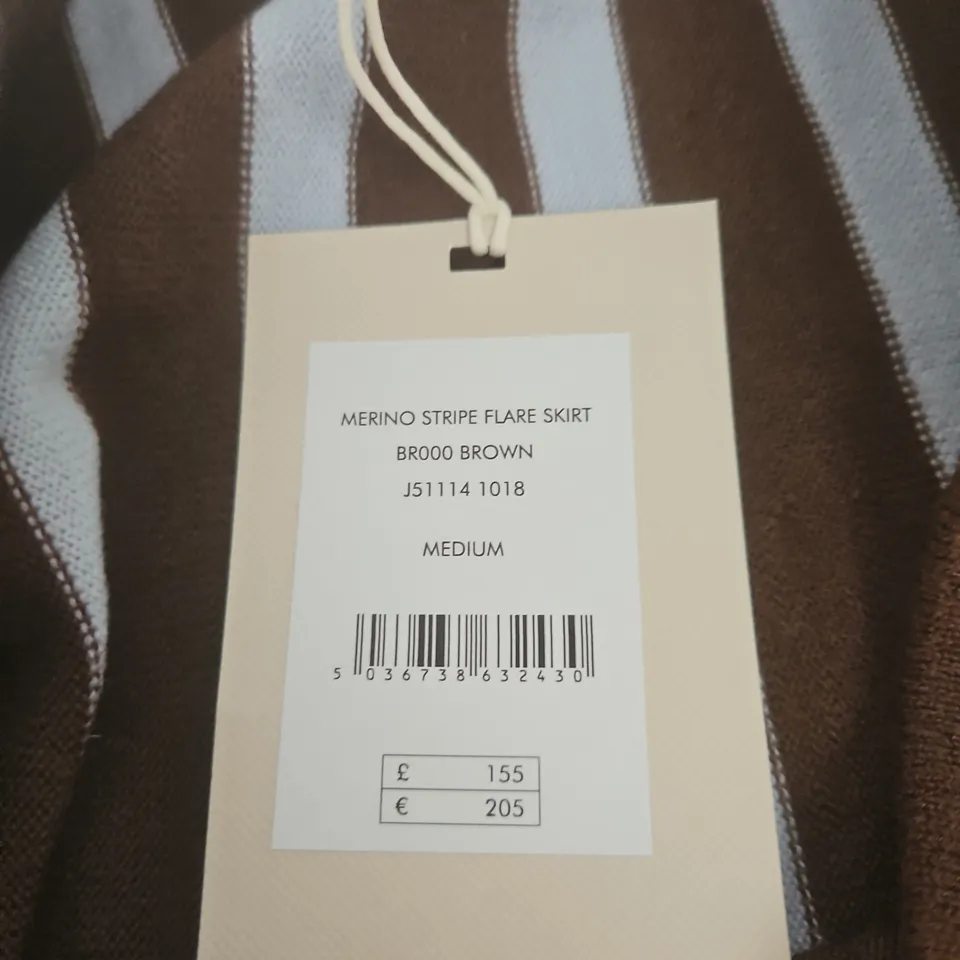 JIGSAW MERINO STRIPE FLARE SKIRT – BROWN WITH LIGHT BLUE STRIPES, UK SIZE M