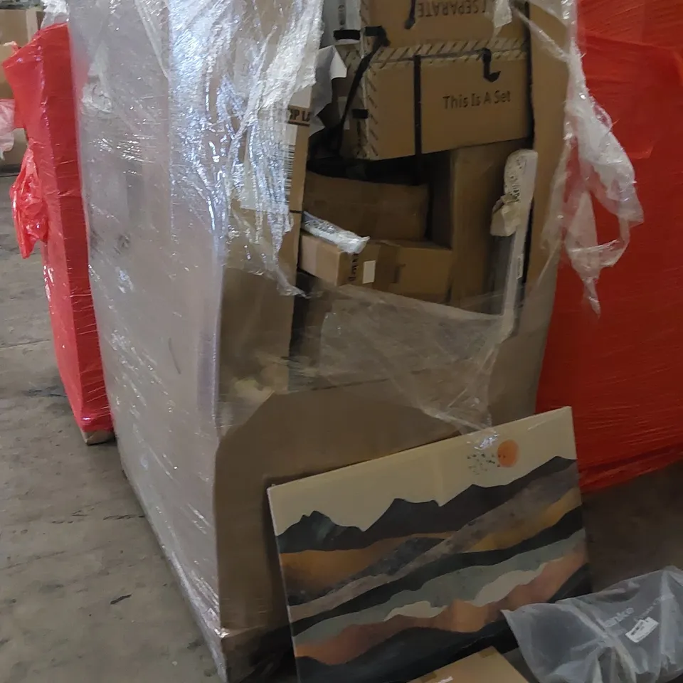 PALLET CONTAINING ASSORTED HOUSEHOLD PRODUCTS. INCLUDES HAPPY BIRTHDAY NEON SIGN, WALL ART, BOXED FURNITURE ETC