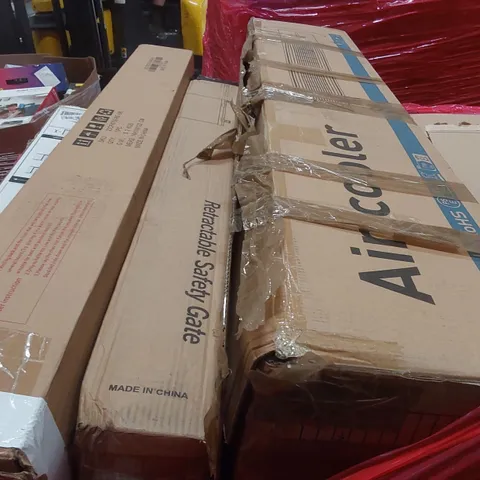 PALLET OF ASSORTED ITEMS INCLUDING: AIR COOLER, RETRACTABLE SAFETY GATES, RUG ECT