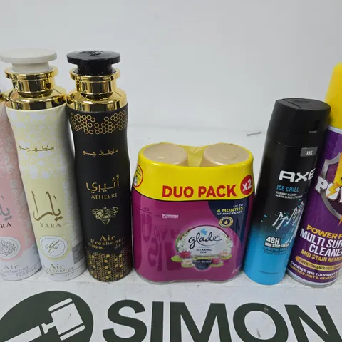 APPROXIMATELY 15 ASSORTED AEROSOLS TO INCLUDE LYNX , AIR FRESHENER AND MULTI SURFACE CLEANER