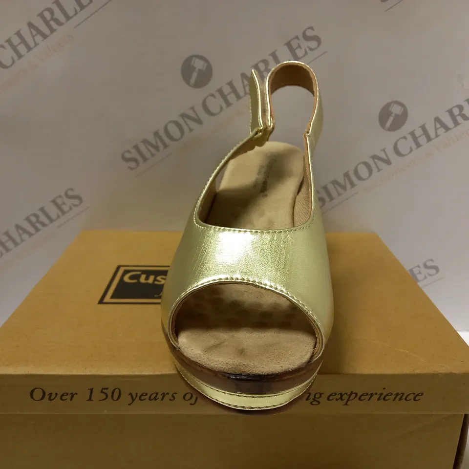 BOXED PAIR OF CUSHION WALK GOLD WEDGE HEEL SHOES, GOLD - SIZE 5