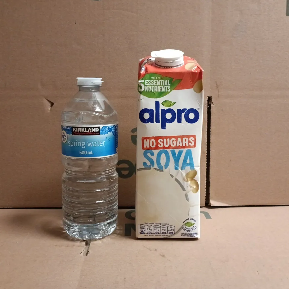 APPROXIMATELY 3 ASSORTED FOOD AND DRINK ITEMS TO INCLUDE STILL WATER MULTIPACK, ALPRO SOYA, ETC