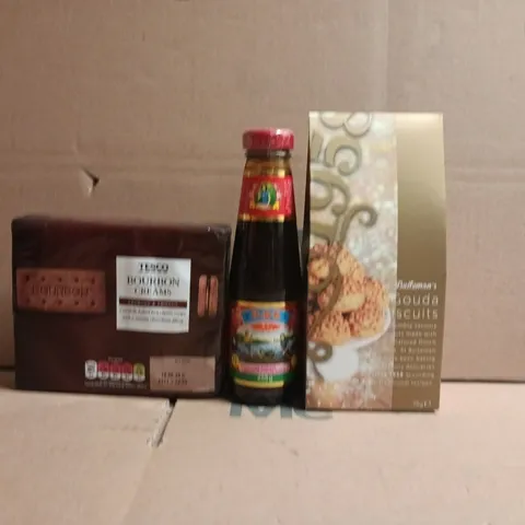 APPROXIMATELY 5 ASSORTED FOOD AND DRINK ITEMS TO INCLUDE BOURBONS, GOUDA BISCUITS, ETC