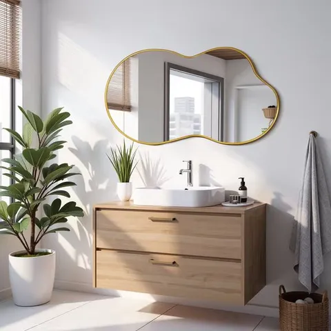 BOXED 36"X20" IRREGULAR WALL MIRROR, ASYMMETRICAL METAL FRAME BATHROOM VANITY MIRROR, GOLD