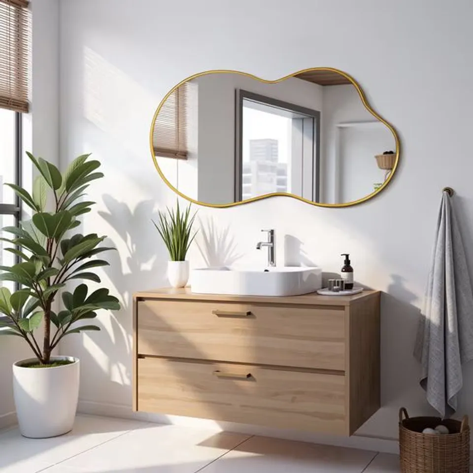 BOXED 36"X20" IRREGULAR WALL MIRROR, ASYMMETRICAL METAL FRAME BATHROOM VANITY MIRROR, GOLD