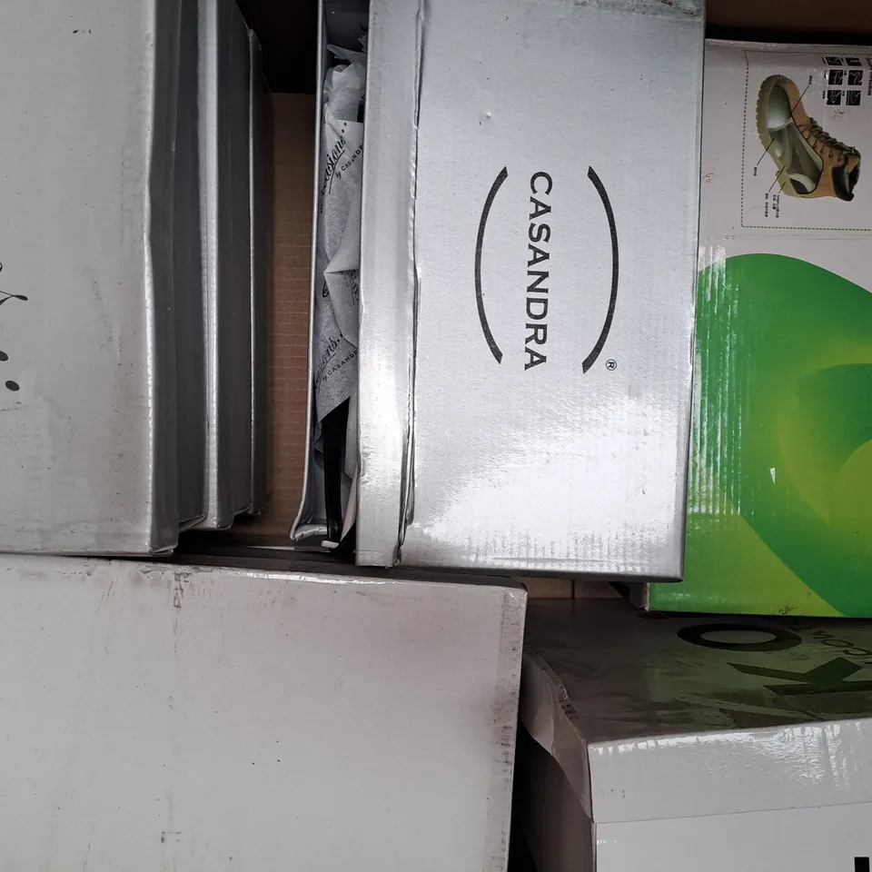 BOX OF APPROXIMATELY 10 ASSORTED PAIRS OF SHOES IN VARIOUS COLOURS, STYLES, AND SIZES
