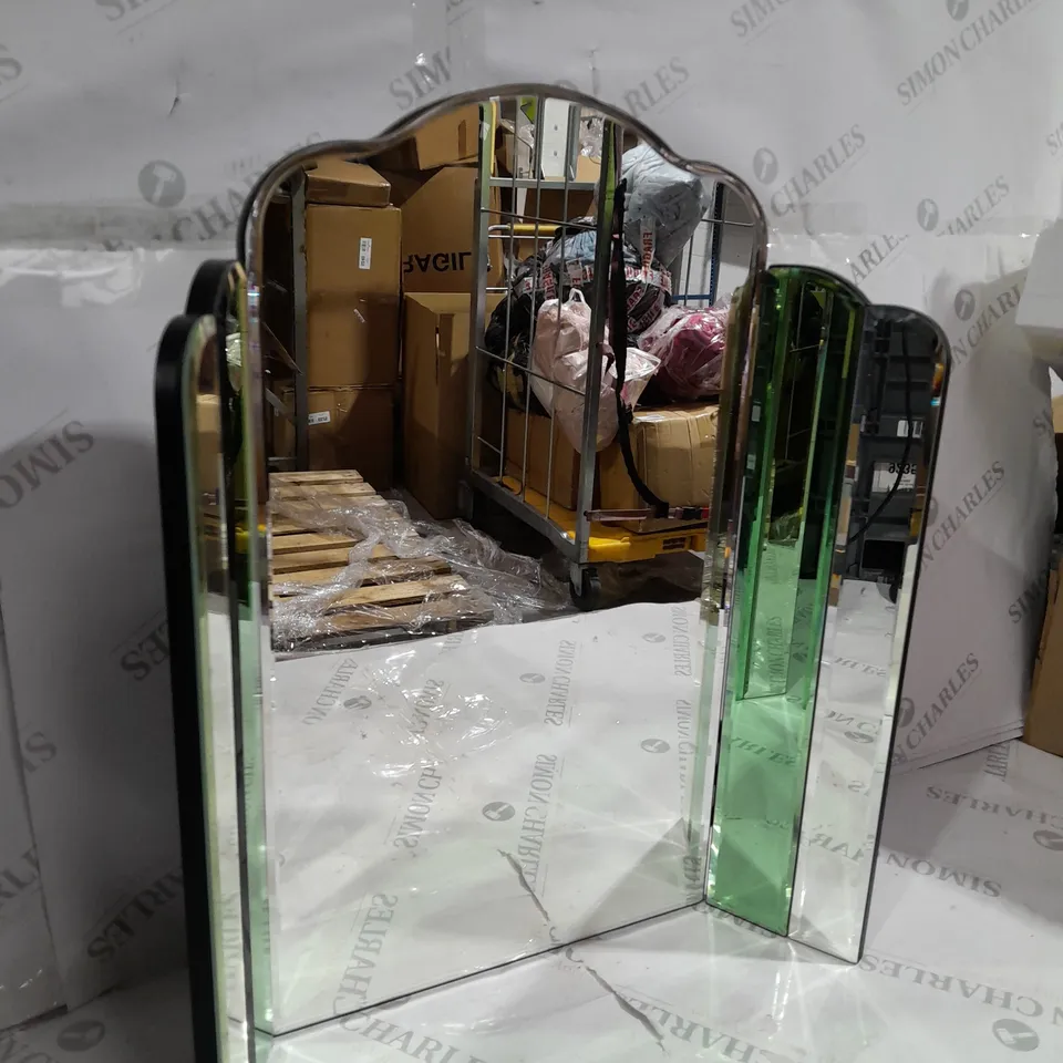 BOXED JULIAN MCDONALD FOLDING MIRROR WITH GREEN STAINED GLASS